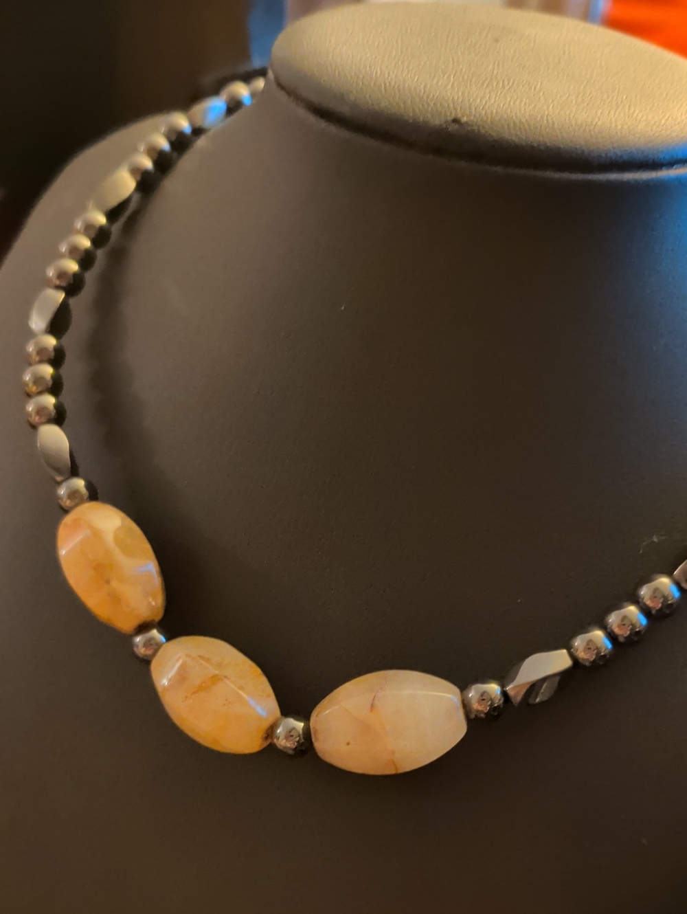 3 Agate Beads Hematite Beaded Necklace 18" Long